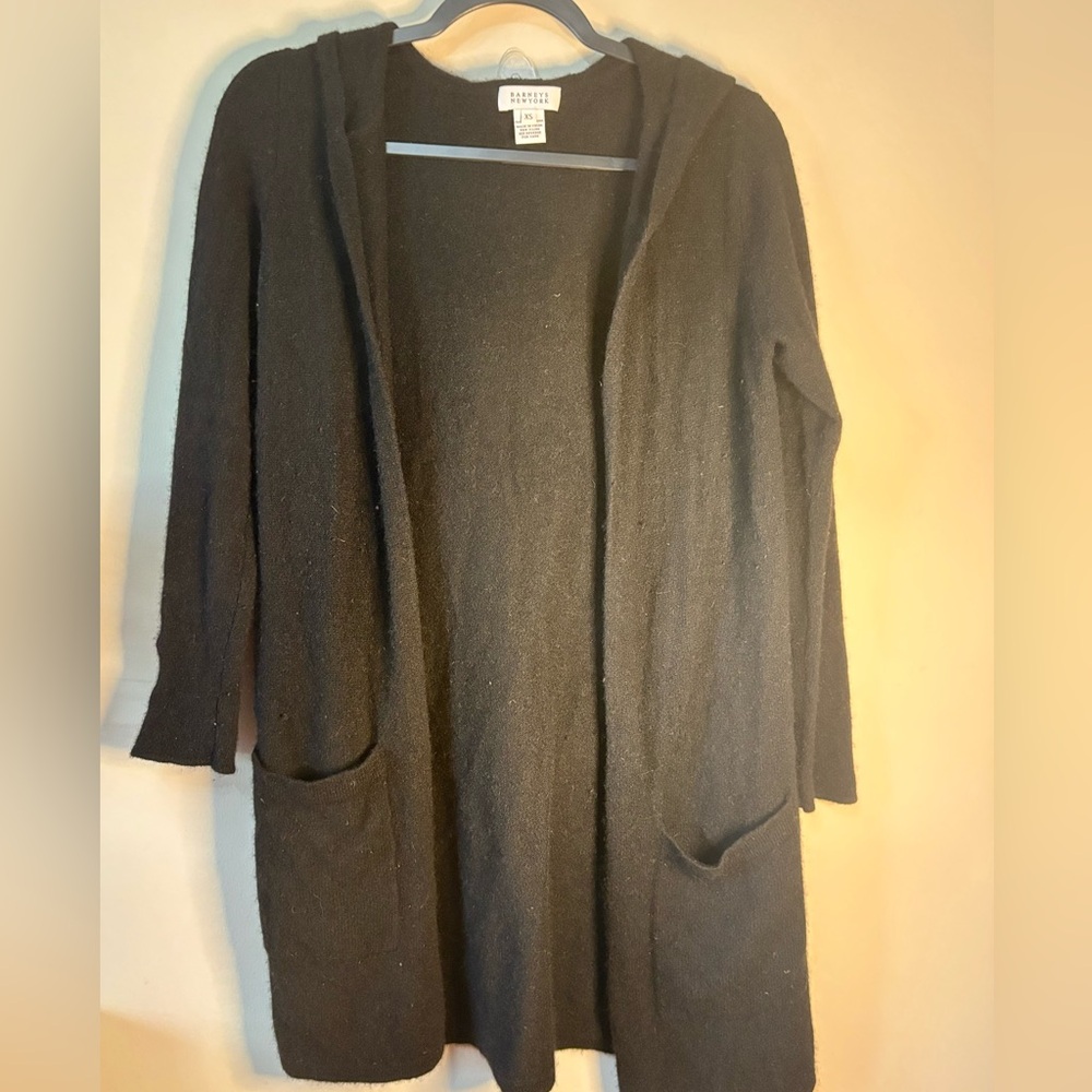 Barneys New York 100% Cashmete Black‎ Open Front hooded Cardigan